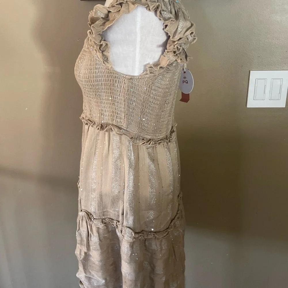 PQ Carrie dress sequence Ruffled Tan Smocked Dress NWT size XS/S anthropology